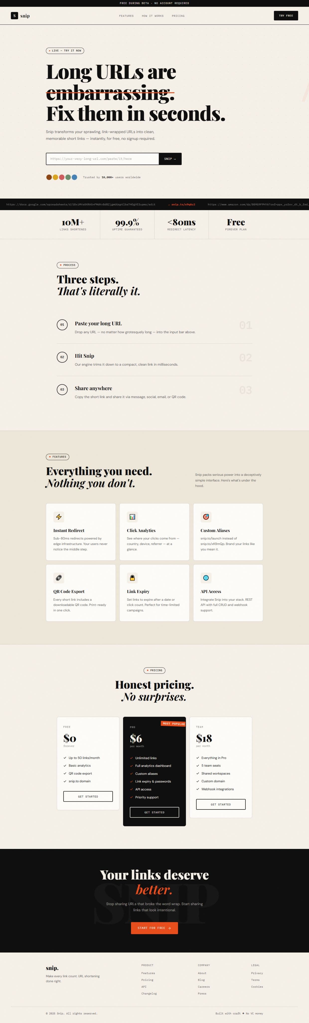 Snip landing page screenshot